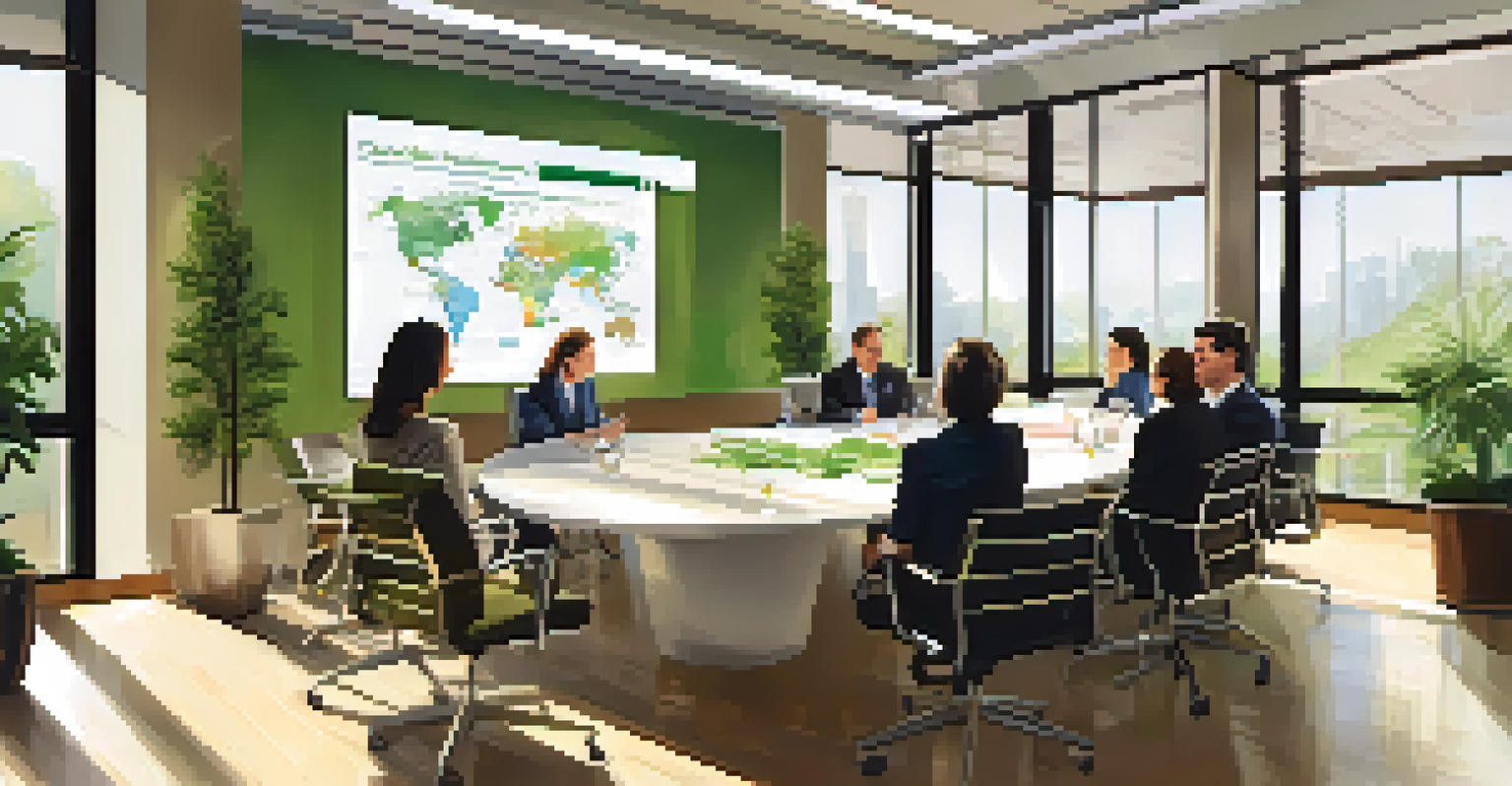 A corporate meeting room with diverse professionals discussing sustainability, featuring a green plant centerpiece and charts on the walls.