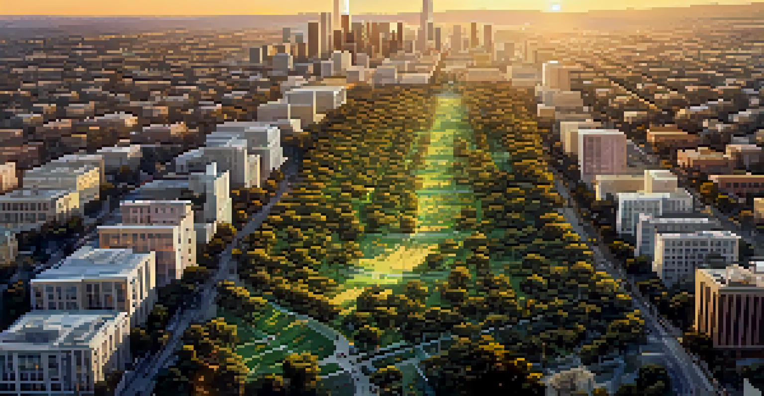 An aerial view of Los Angeles showing urban development mixed with green spaces and parks during sunset.