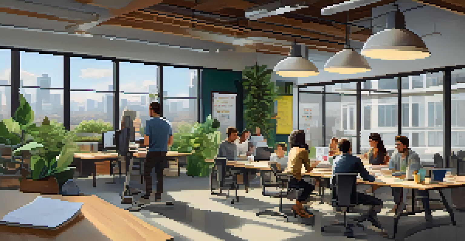 An interior view of a tech startup office in Los Angeles, showing young professionals brainstorming around a table with natural light and a chalkboard in the background.