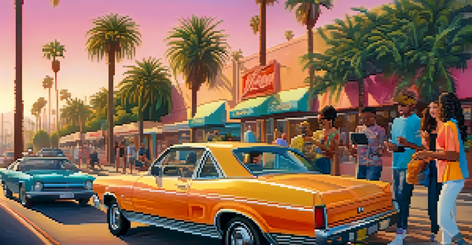 A lively street scene in Los Angeles with diverse individuals using smartphones against a backdrop of palm trees and a colorful mural during sunset.