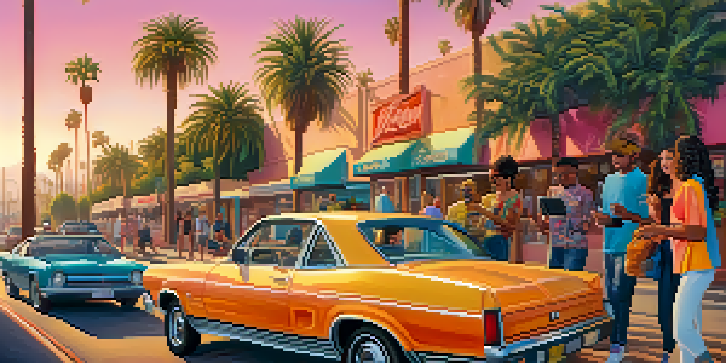 A lively street scene in Los Angeles with diverse individuals using smartphones against a backdrop of palm trees and a colorful mural during sunset.