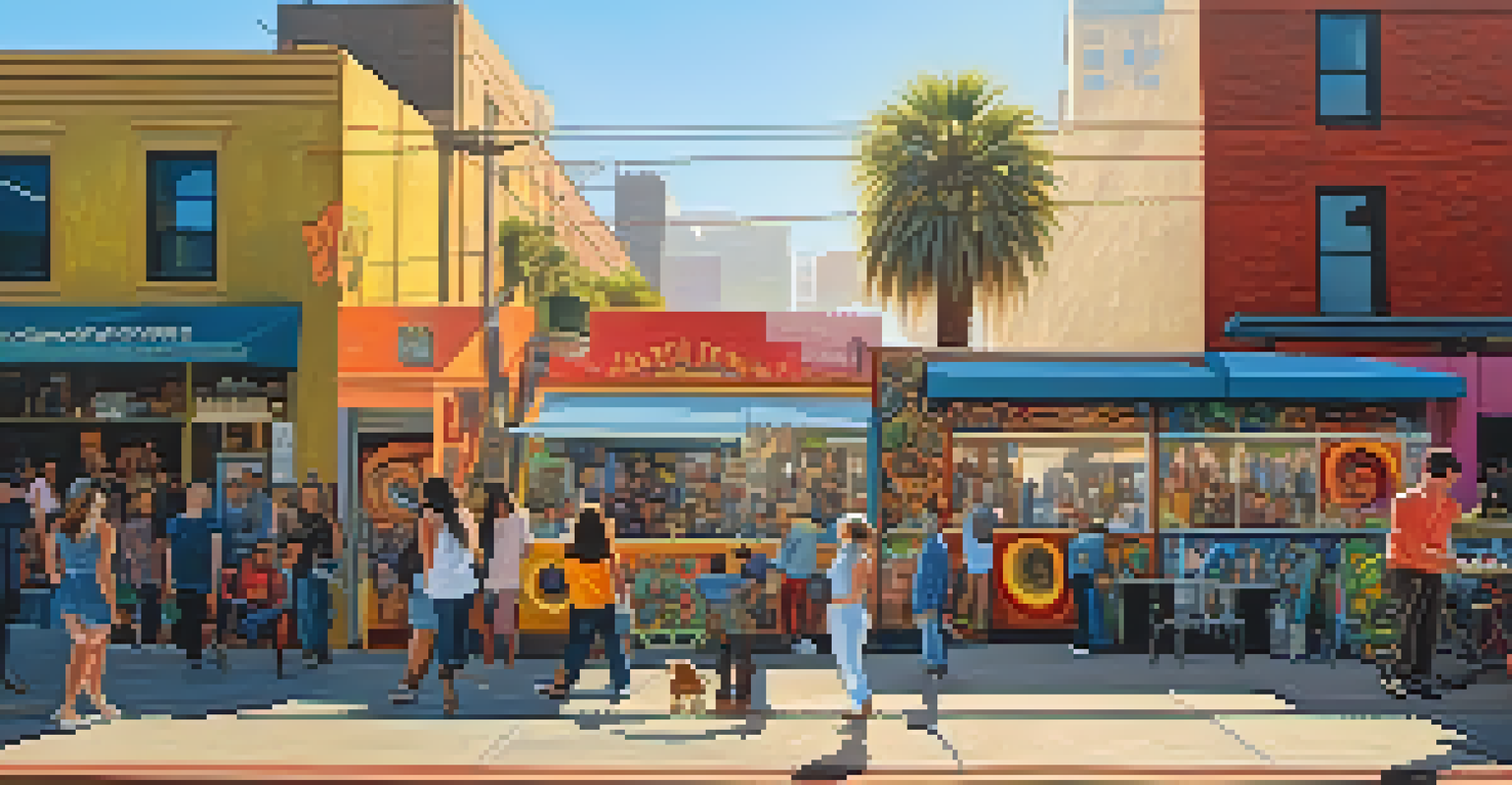 A vibrant street scene in the Arts District of Los Angeles, showcasing murals, artists at work, and visitors enjoying the ambiance.