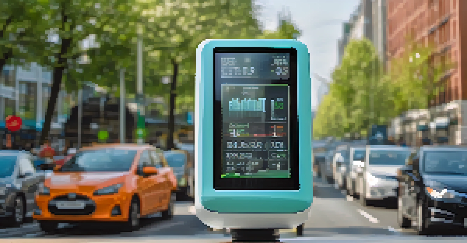 A close-up of a digital air quality monitoring device showing real-time data, with a busy urban street and electric vehicles in the background.