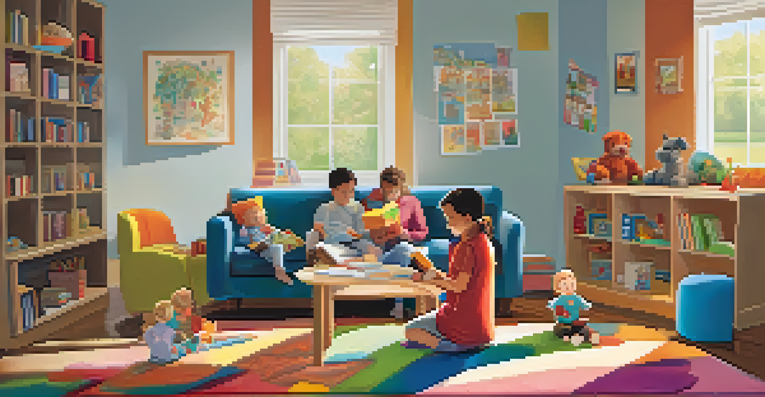 A cozy family daycare with a caregiver reading to children on a colorful rug, surrounded by soft lighting and educational toys.