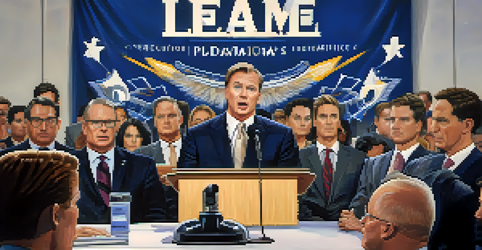 A business leader confidently addressing reporters at a press conference about crisis management, with a company logo banner in the background.