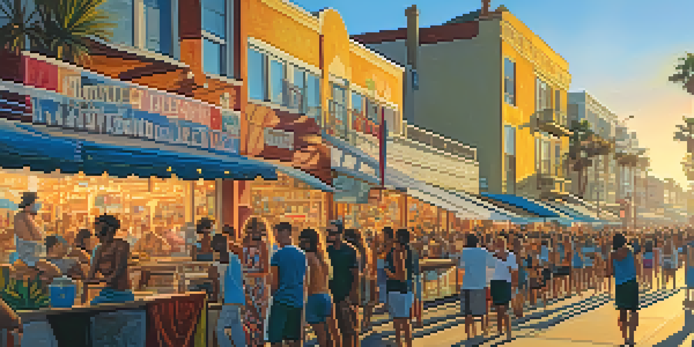 A colorful sunset scene at Venice Beach boardwalk with street performers and a diverse crowd, highlighting murals and warm lighting.