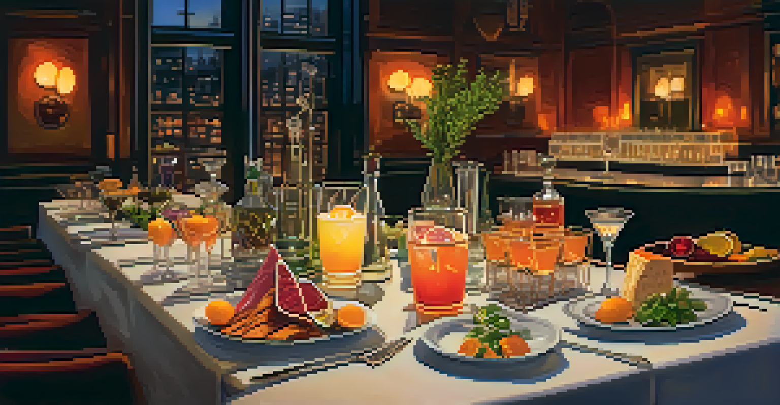 A table with signature cocktails and gourmet small plates in a speakeasy, illuminated by candlelight.