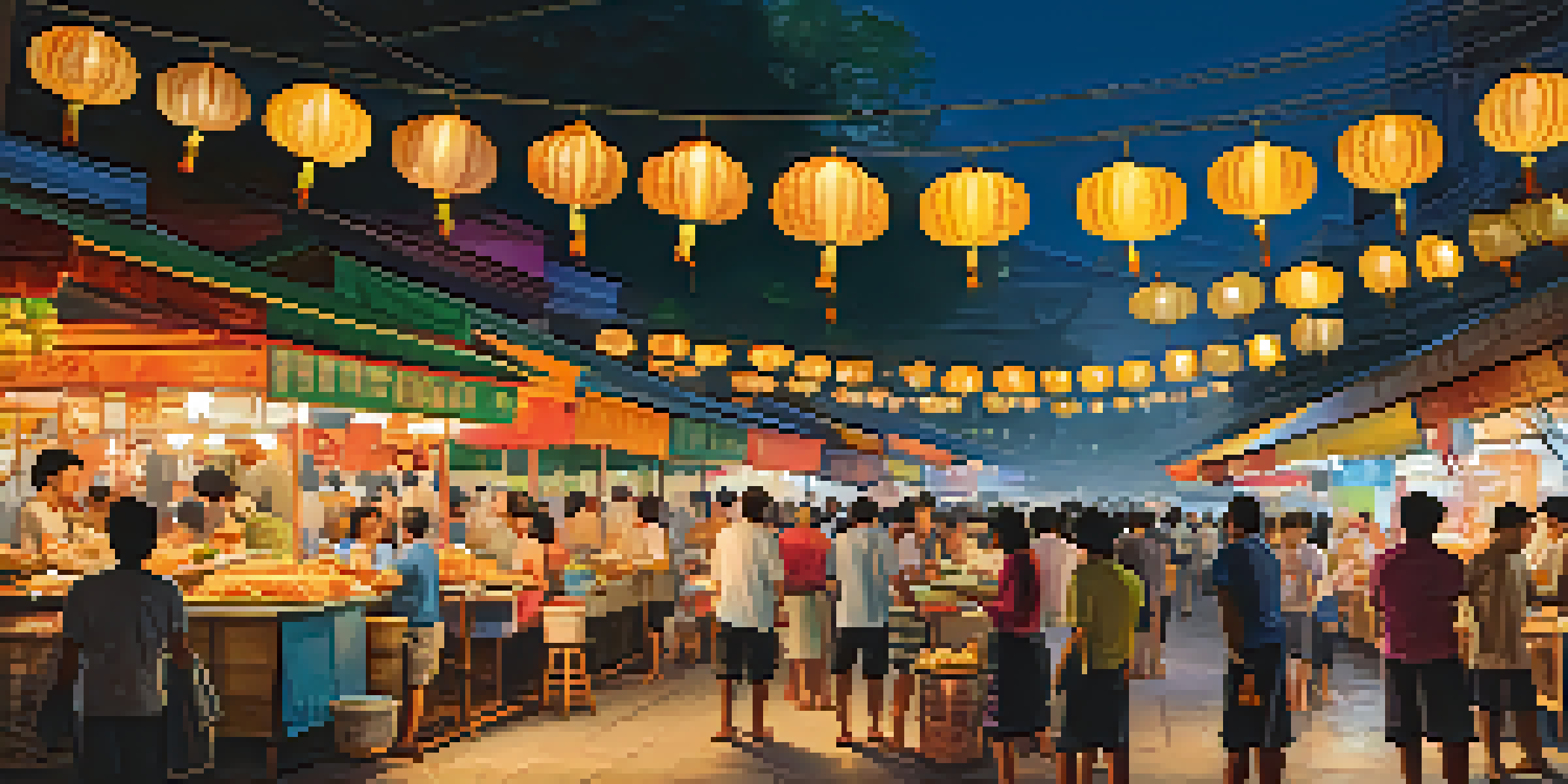 A busy street food market in Bangkok at dusk with vibrant food stalls and people enjoying traditional Thai dishes.