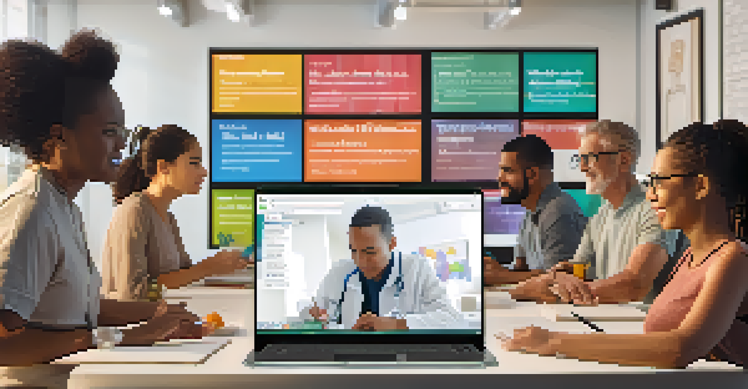 A diverse group of people attending a virtual health education workshop on a laptop, with engaging graphics visible on the screen.