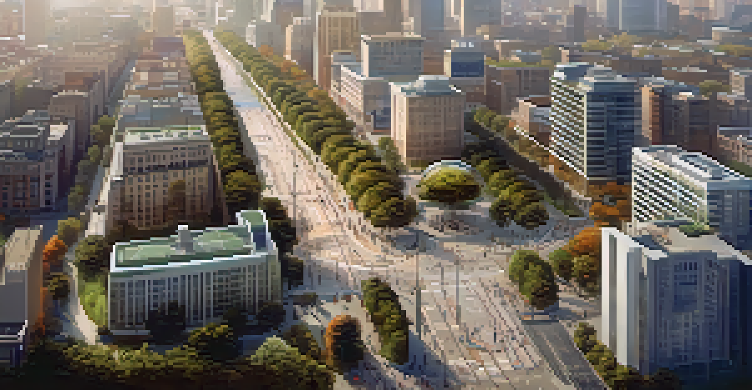 Aerial view of a city with an integrated public transportation system, including bus lanes and parks, illuminated by warm sunlight.