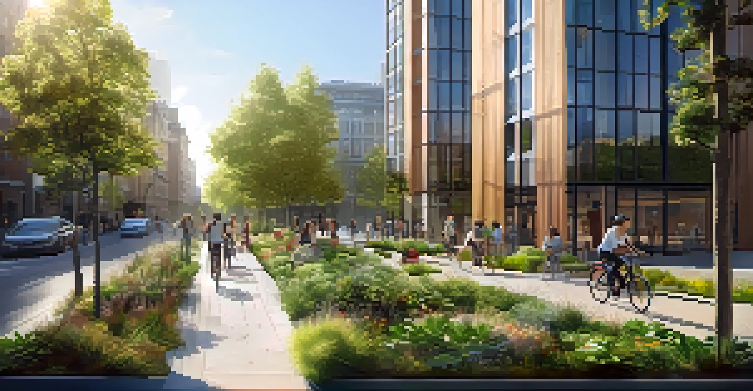 A modern green building with solar panels, surrounded by pedestrians and bicycles, set in a vibrant urban landscape with trees and warm afternoon light.