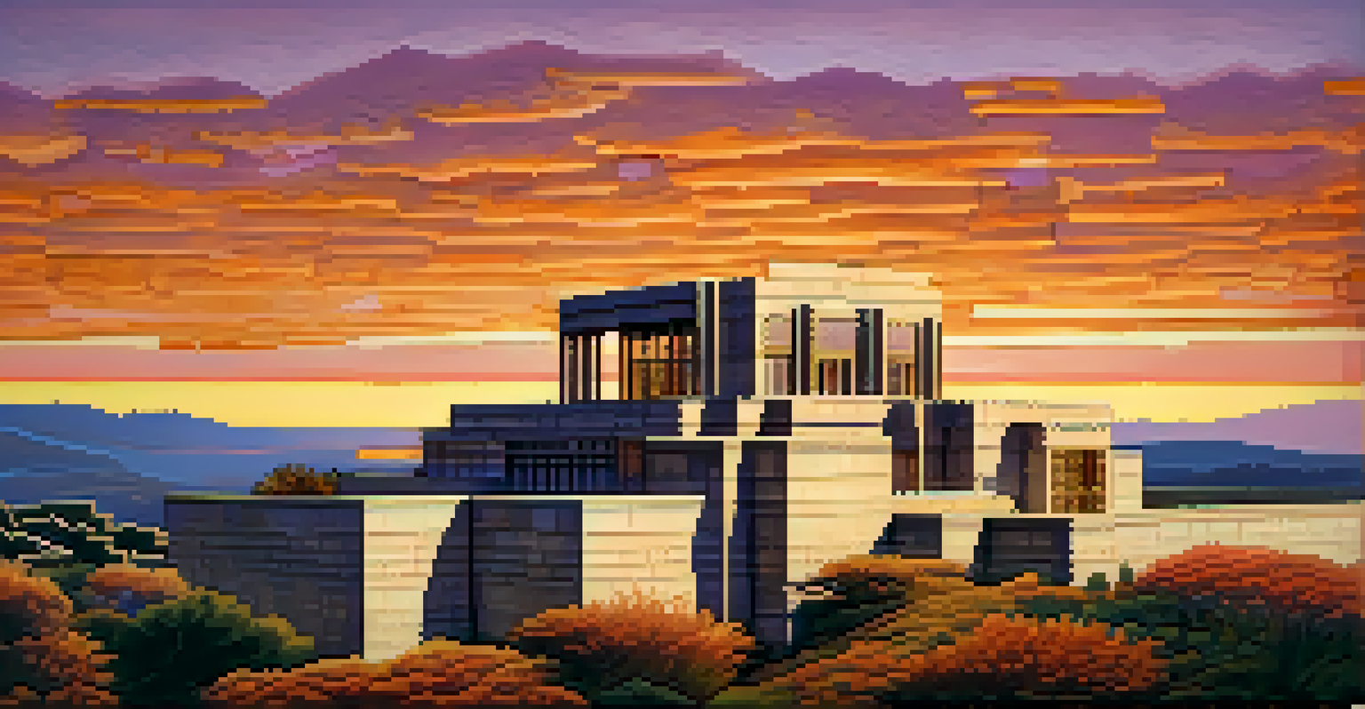 The Ennis House at sunset, highlighting its textile block design and geometric patterns.