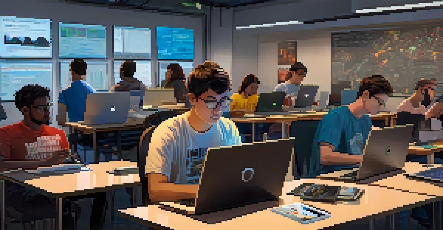 A student focused on a laptop in a tech bootcamp, with mentors and coding diagrams in the background.
