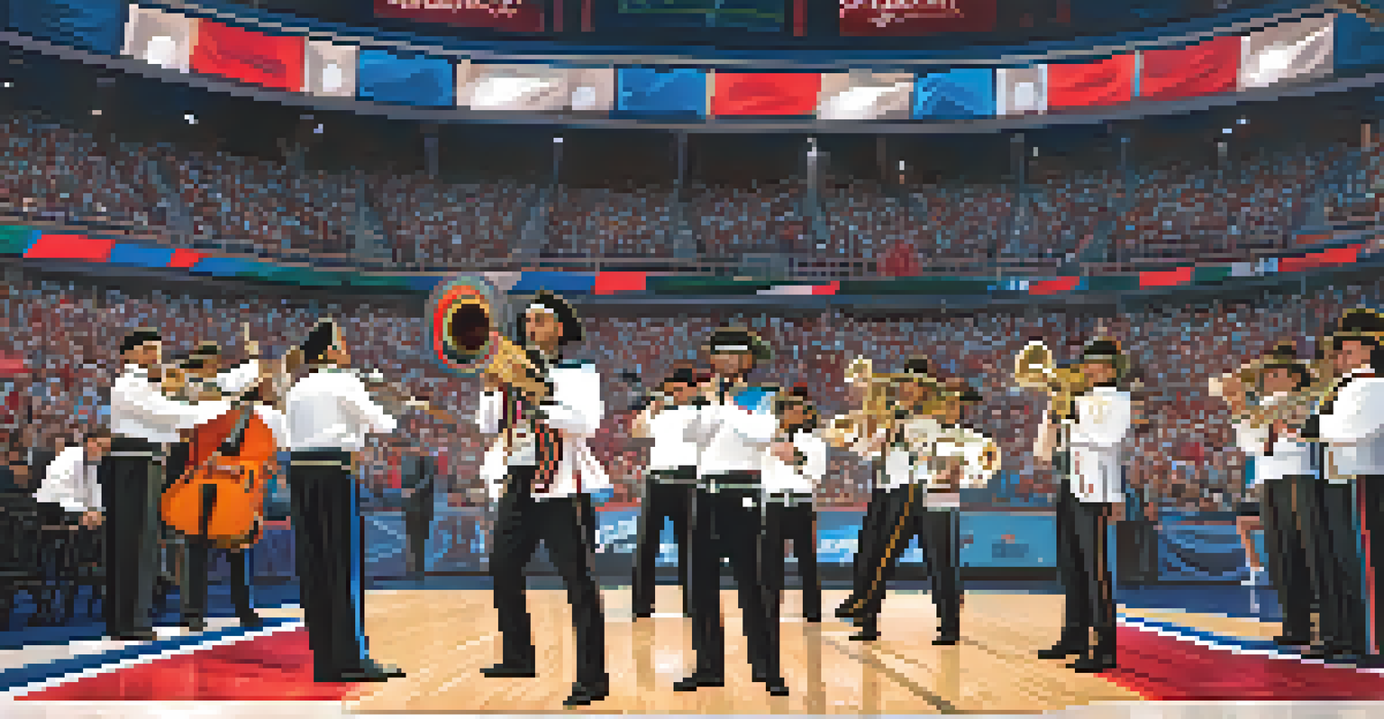 A mariachi band performing at a Clippers game, with fans in the audience enjoying the cultural performance during halftime.
