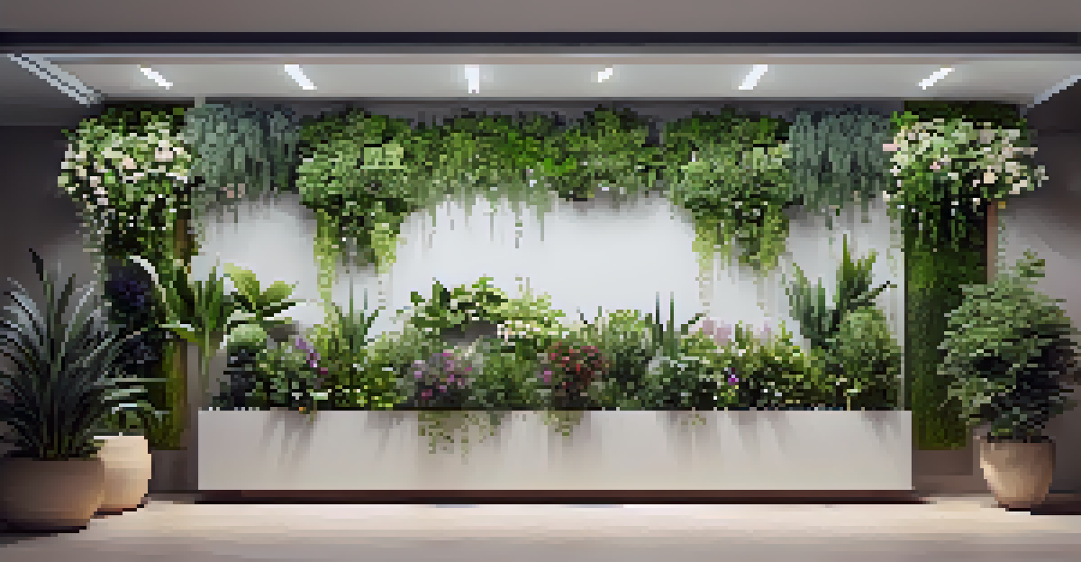A vertical garden mounted on a wall with climbing plants and flowers, illuminated by sunlight, showcasing a mix of green and colorful foliage.