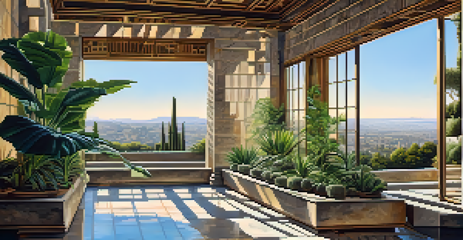 Interior view of the Ennis House with large windows and a terrace, showcasing natural light and plant life.