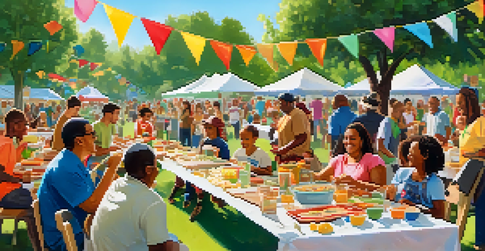 A community potluck in a park with a table of diverse food and people enjoying the event.