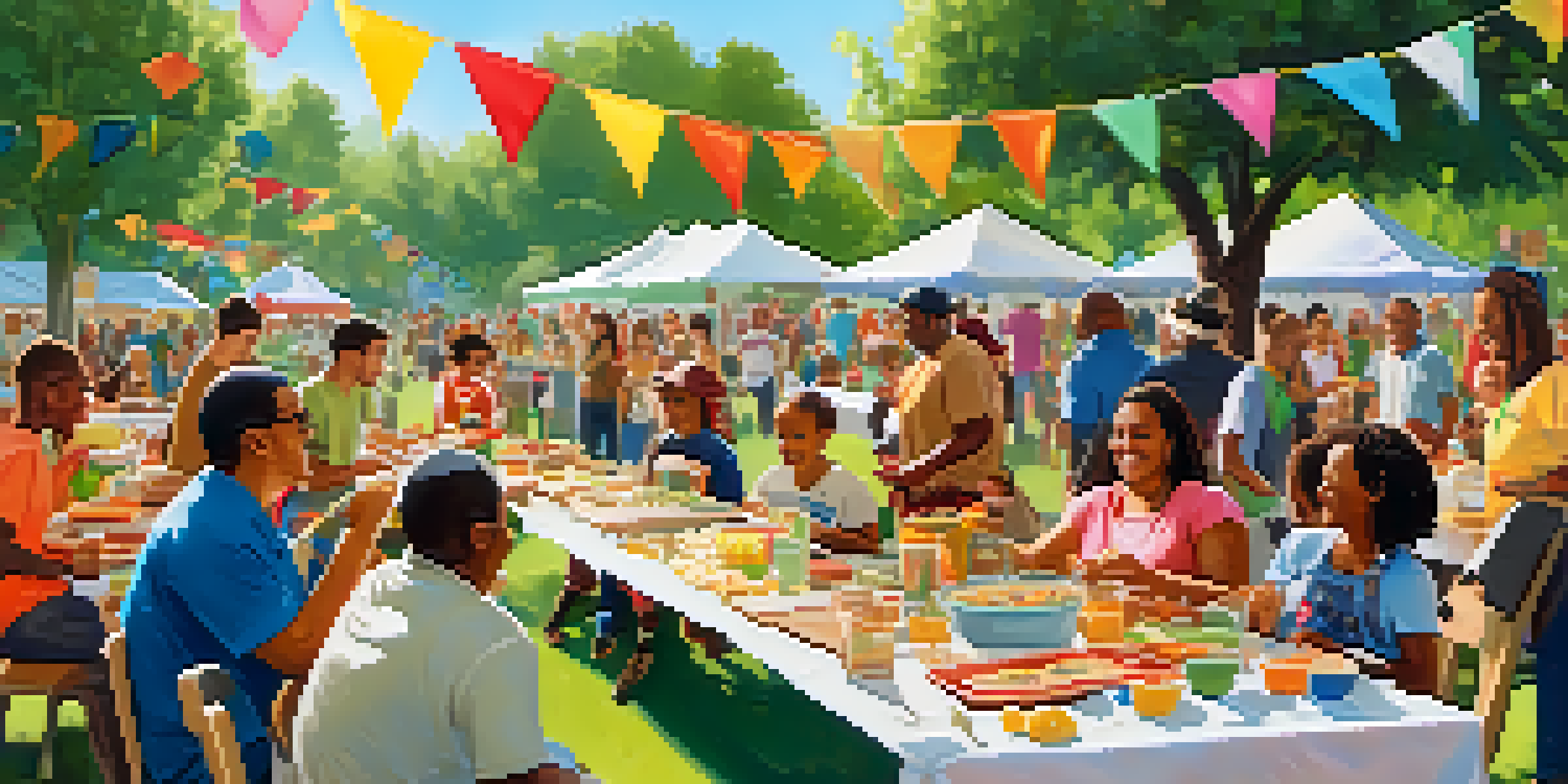A community potluck in a park with a table of diverse food and people enjoying the event.