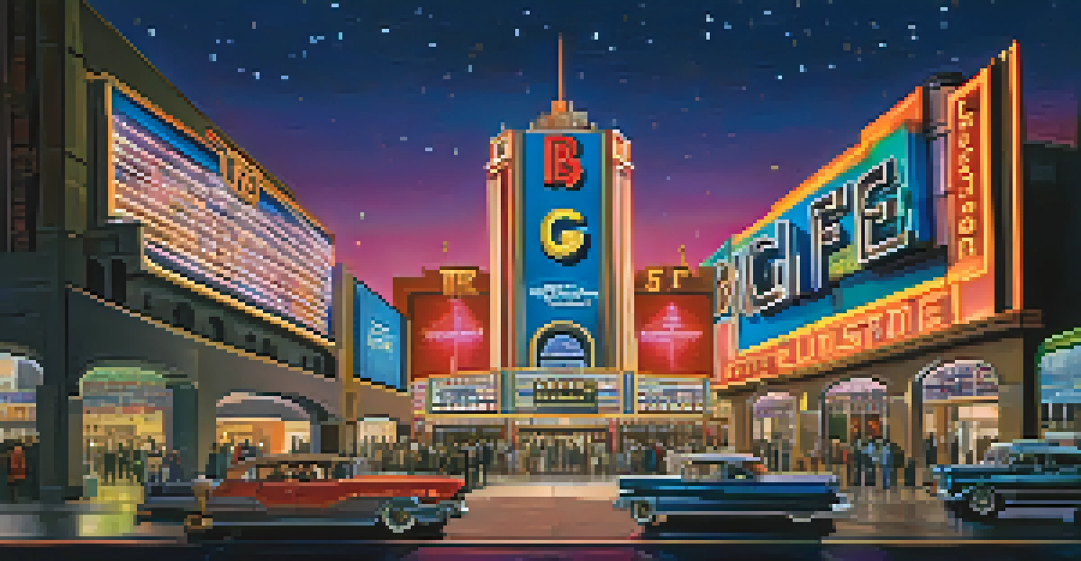 An artistic depiction of the 'Big Five' film studios with towering buildings and neon lights at dusk.