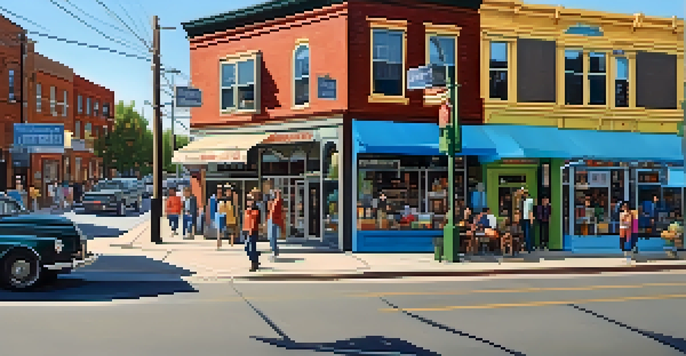 A lively street scene in a gentrifying neighborhood with a mix of old and new buildings, featuring a family-owned store and trendy cafes, populated by diverse groups of people.
