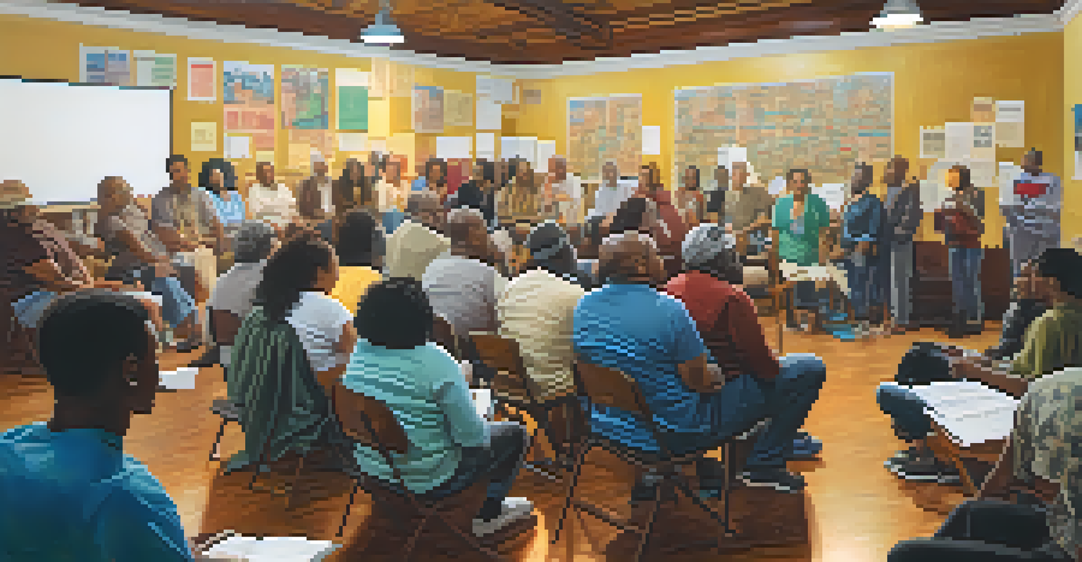 A diverse group of community members in a meeting, discussing gentrification and advocating for tenant rights with charts and posters around them.