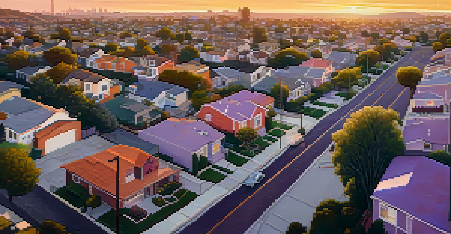 An aerial view of a Los Angeles neighborhood at sunset, with people engaging in outdoor activities, showcasing a sense of community.