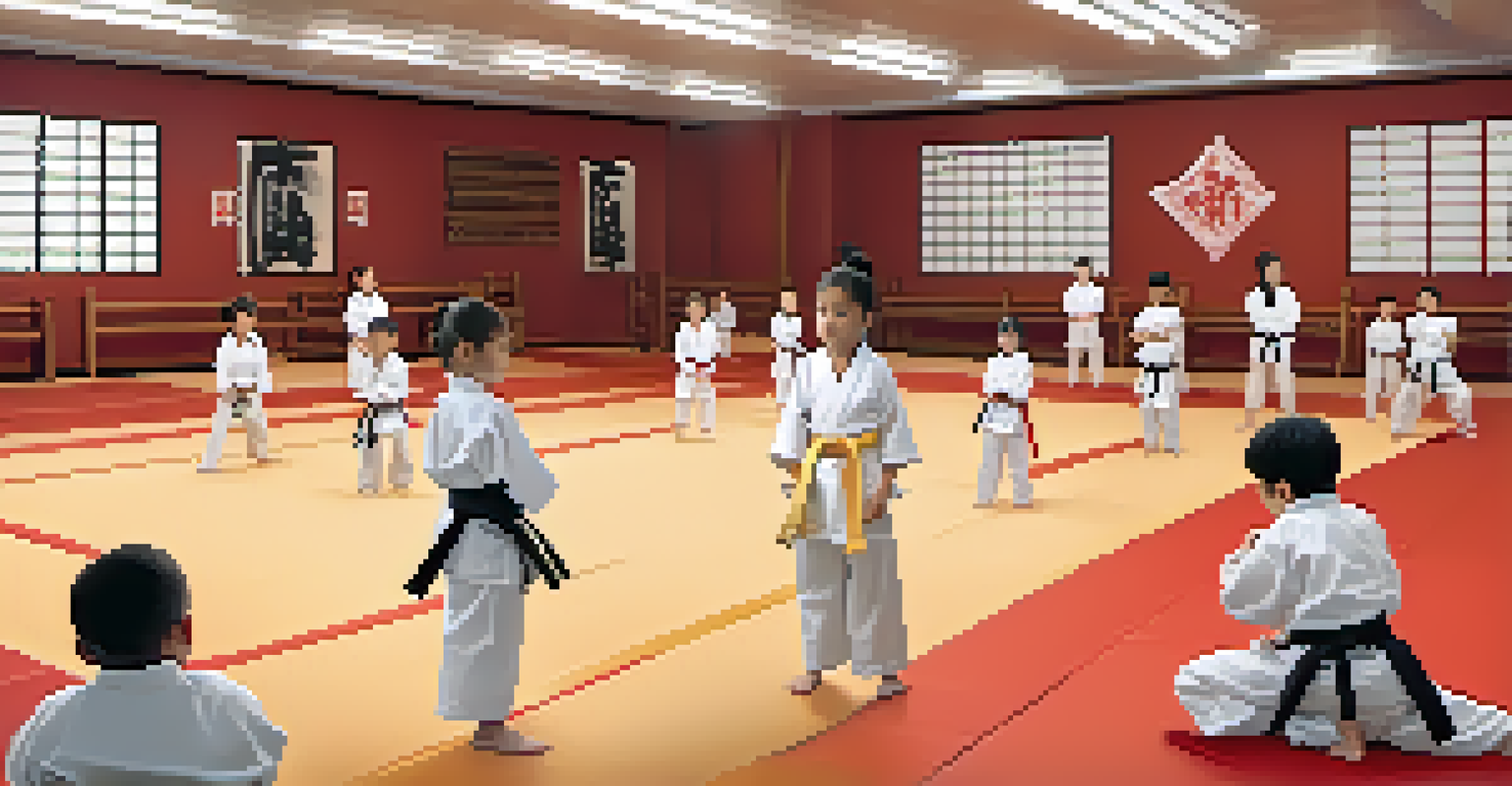 Children participating in a martial arts class in a dojo, with an instructor demonstrating techniques, surrounded by traditional decor.