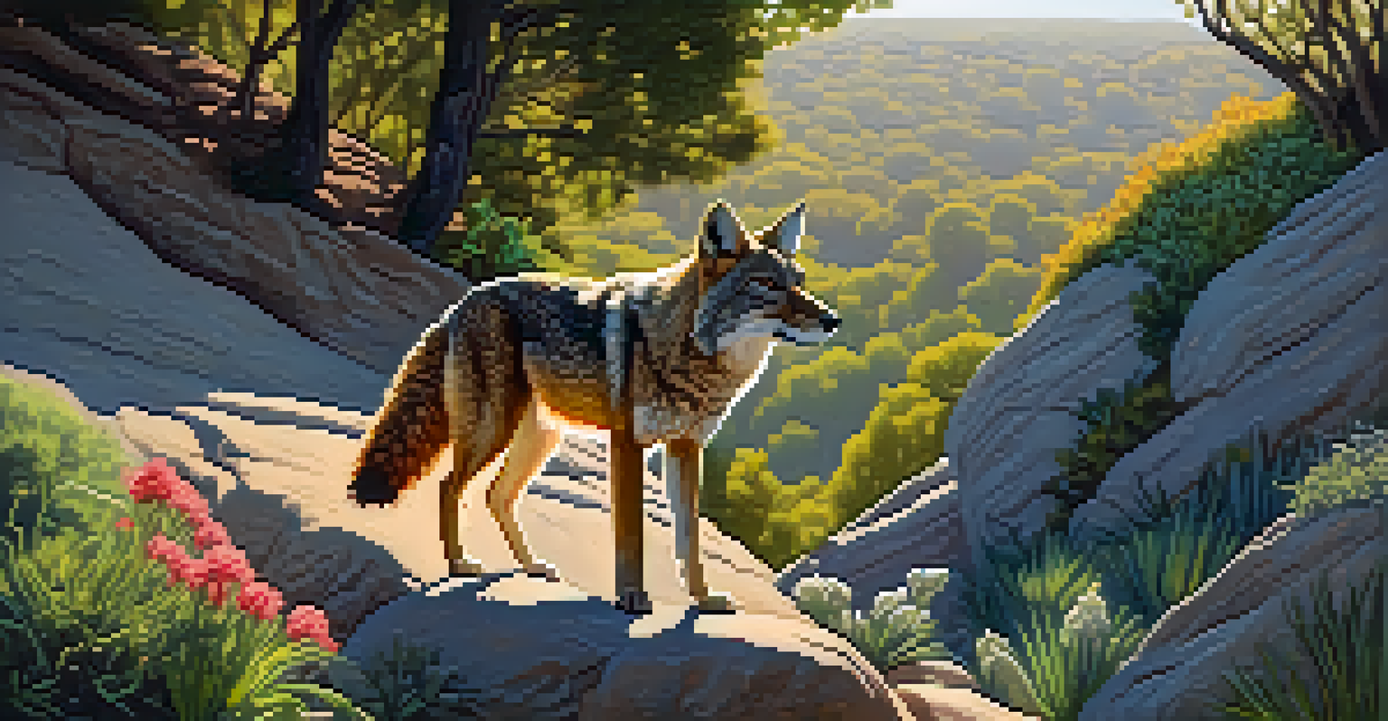 A coyote perched on a rock in Griffith Park with greenery around and a hawk flying in the blue sky.