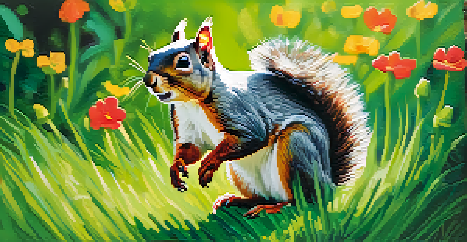 A playful squirrel jumping in an urban park with flowers and grass.