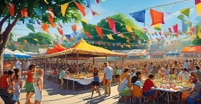 A lively outdoor music festival with a diverse crowd, colorful banners, food stalls, and a bright stage under a clear blue sky.