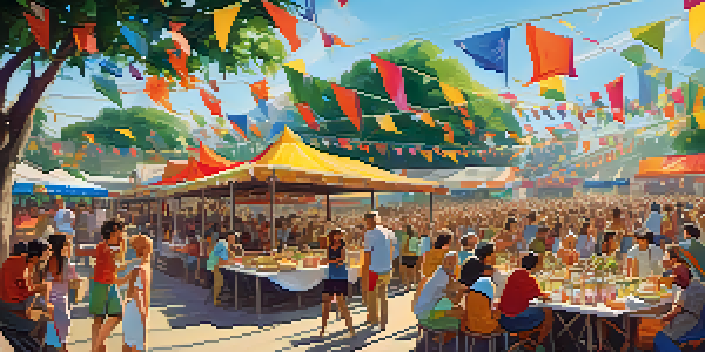 A lively outdoor music festival with a diverse crowd, colorful banners, food stalls, and a bright stage under a clear blue sky.