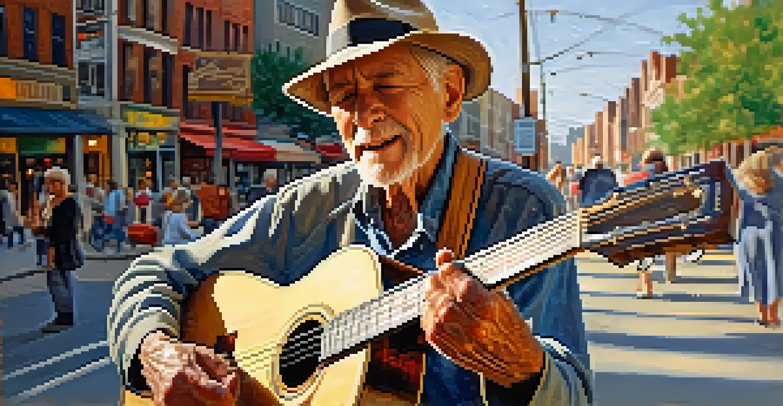 A close-up portrait of an elderly street musician playing guitar with emotional expression, surrounded by blurred figures of people.