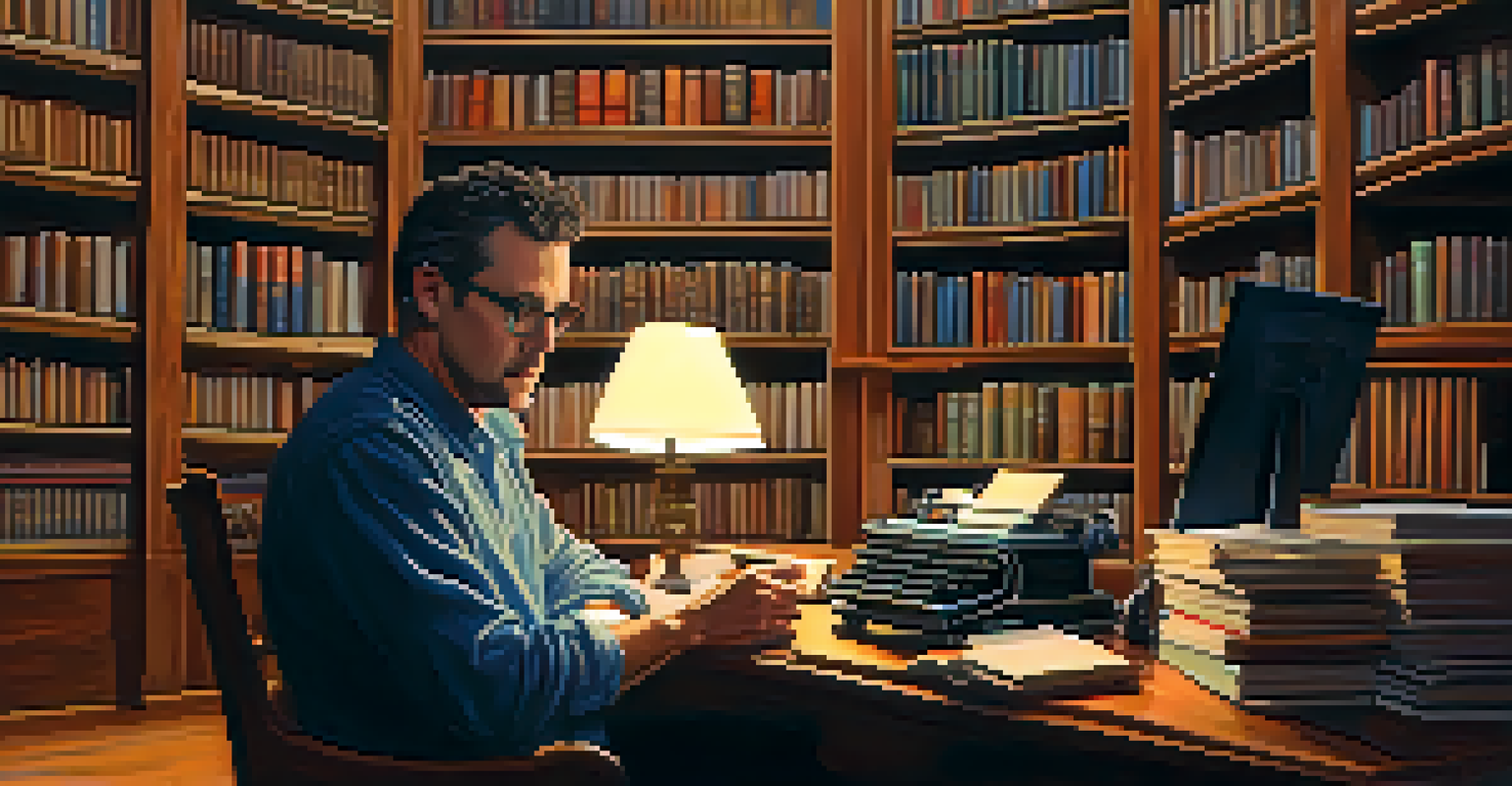 An artistic depiction of John McCarthy in a library, surrounded by books and a vintage typewriter.