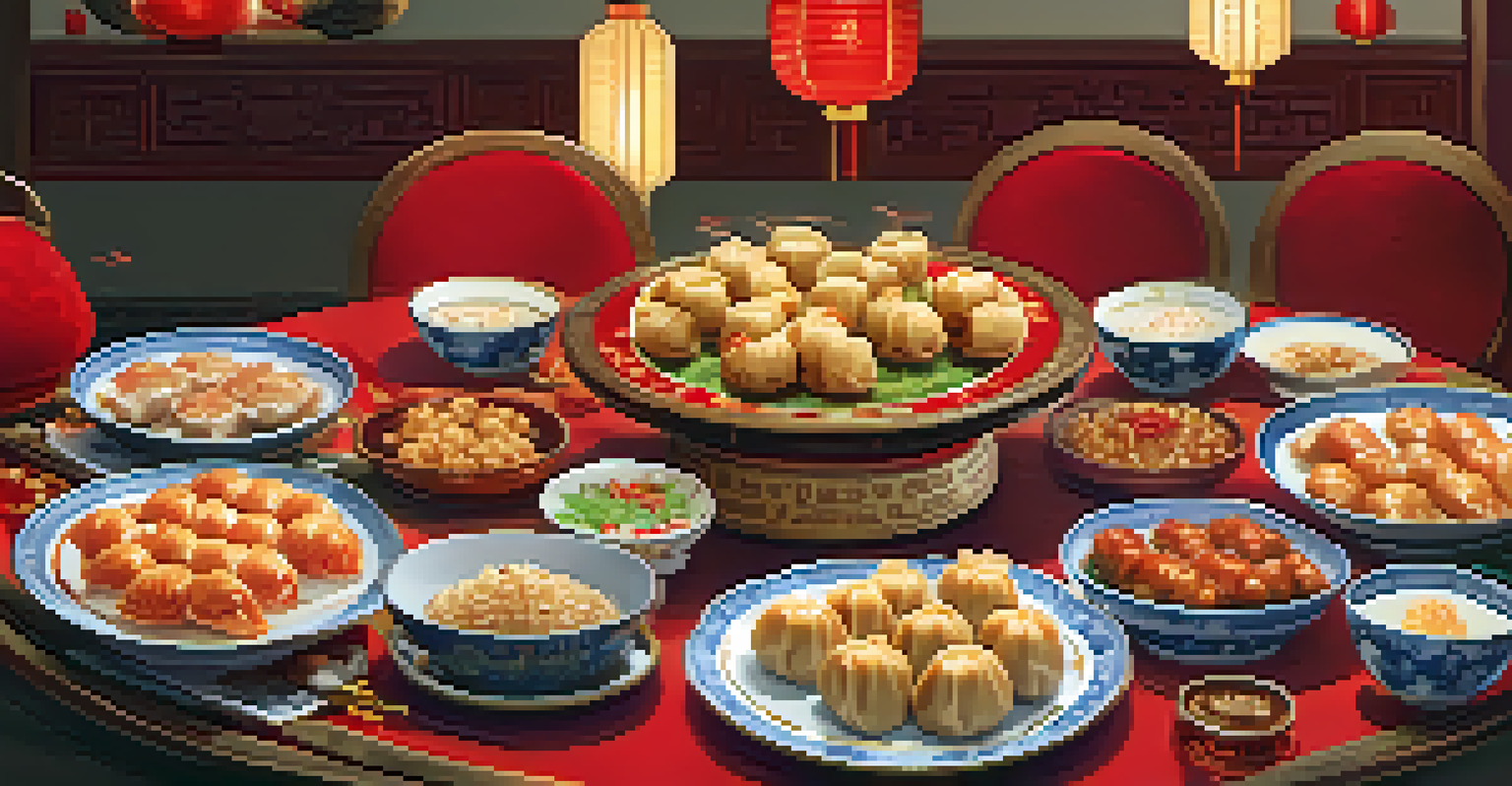 A festive table set for a traditional Chinese New Year dinner, featuring various symbolic dishes and warm candlelight, with family members enjoying their time together.