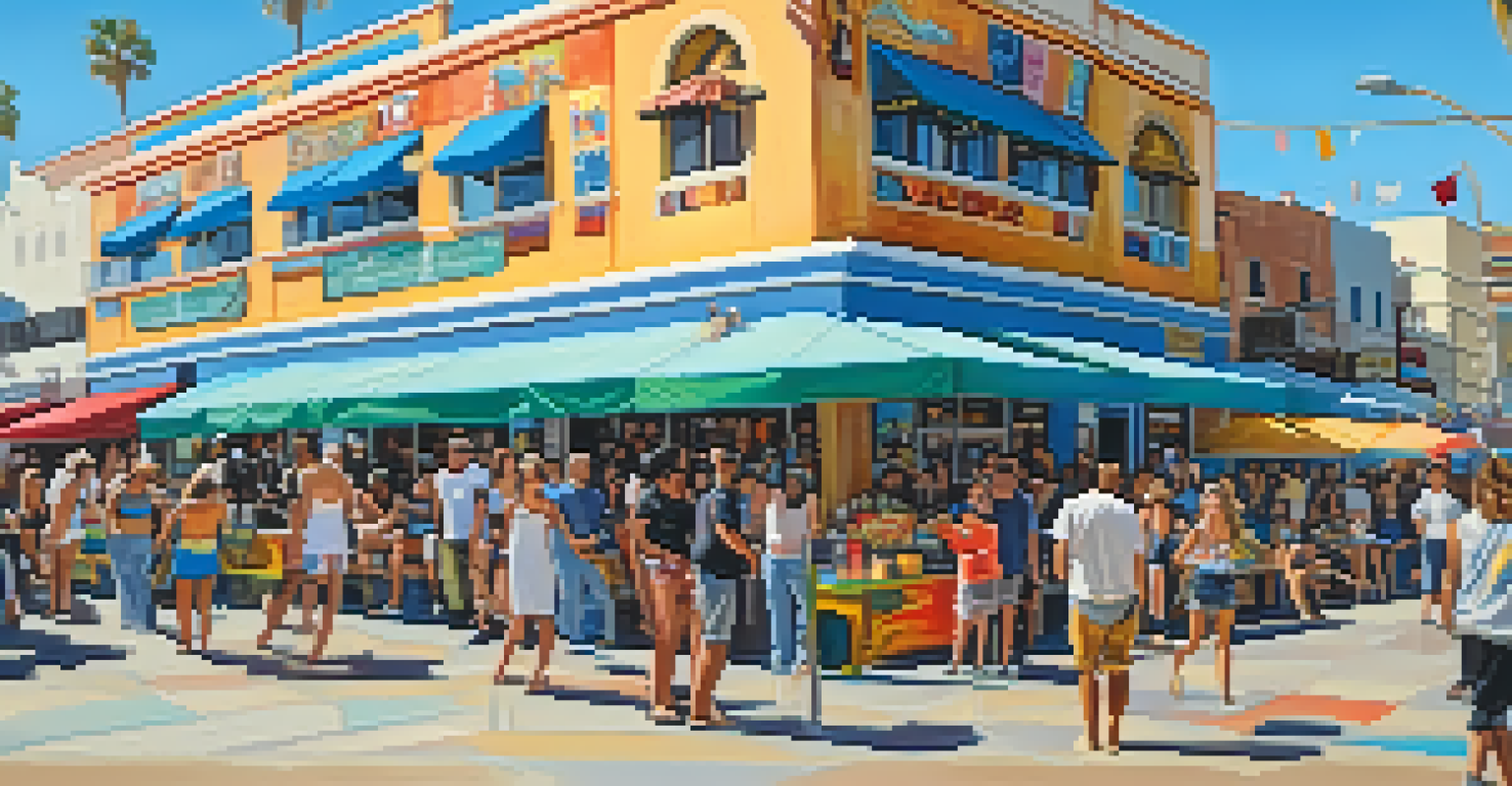 A lively scene at Venice Beach Boardwalk showcasing colorful murals, street performers, and happy beachgoers.