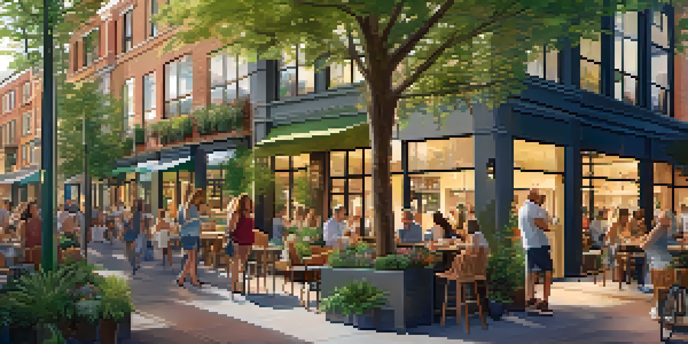 A colorful urban mixed-use development with residential apartments, shops, and green spaces during sunset, bustling with people.