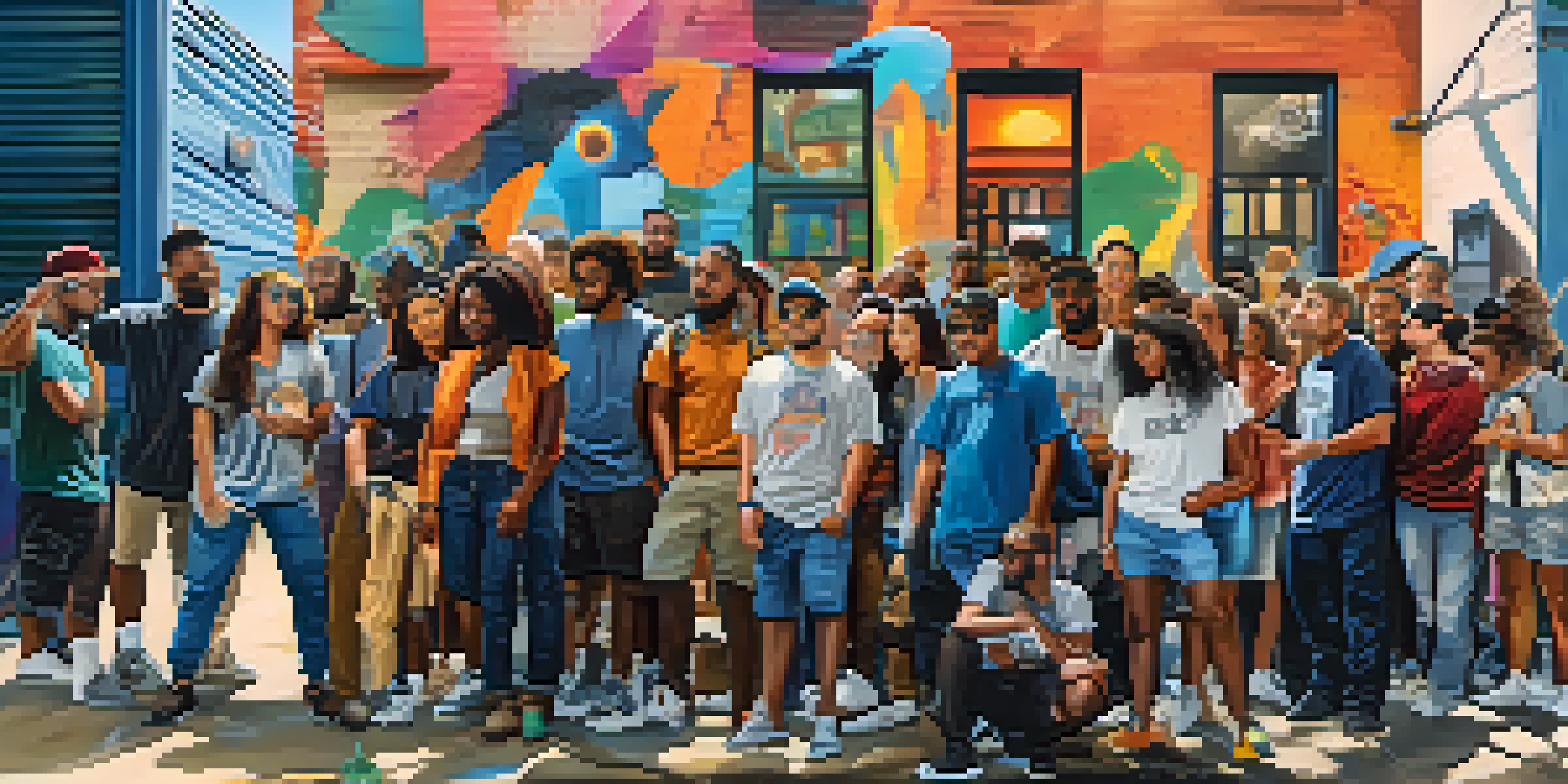 A diverse group of artists collaborating on a mural in a colorful urban alley, surrounded by graffiti and art supplies.