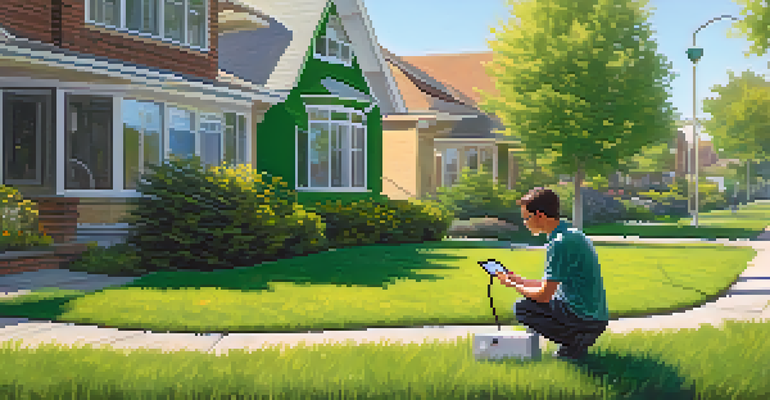 A citizen scientist checking a portable air quality sensor in a suburban area, surrounded by greenery and flowers.