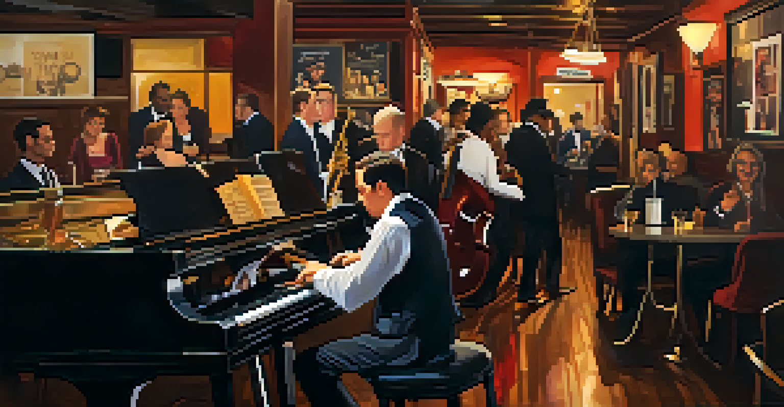 A cozy jazz club with a pianist performing on stage, surrounded by guests enjoying the music.