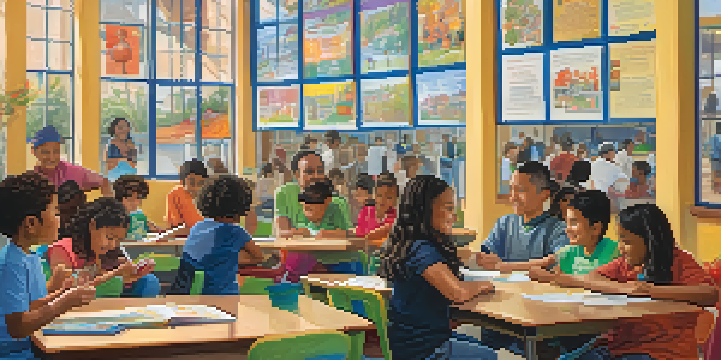 A community center where immigrant families are engaged in a language learning class, with colorful posters and warm lighting.