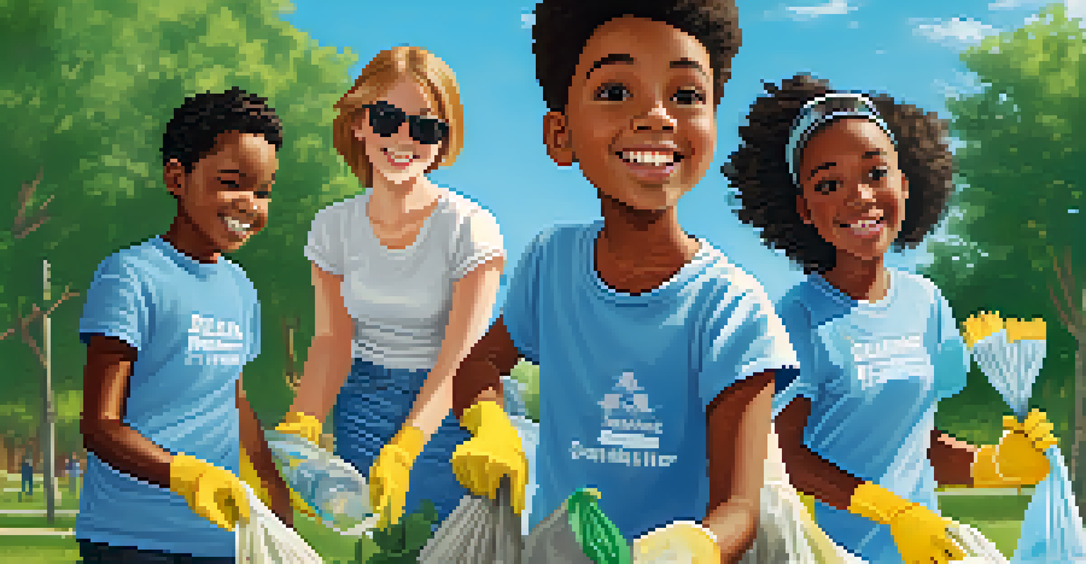 Young people working together on a community service project, cleaning up a park with smiles, under a clear blue sky.