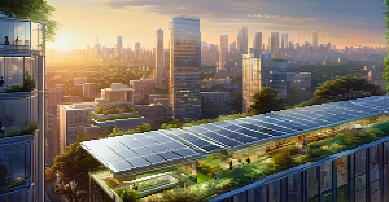 A futuristic city skyline with energy-efficient buildings and greenery, illuminated by sunset.