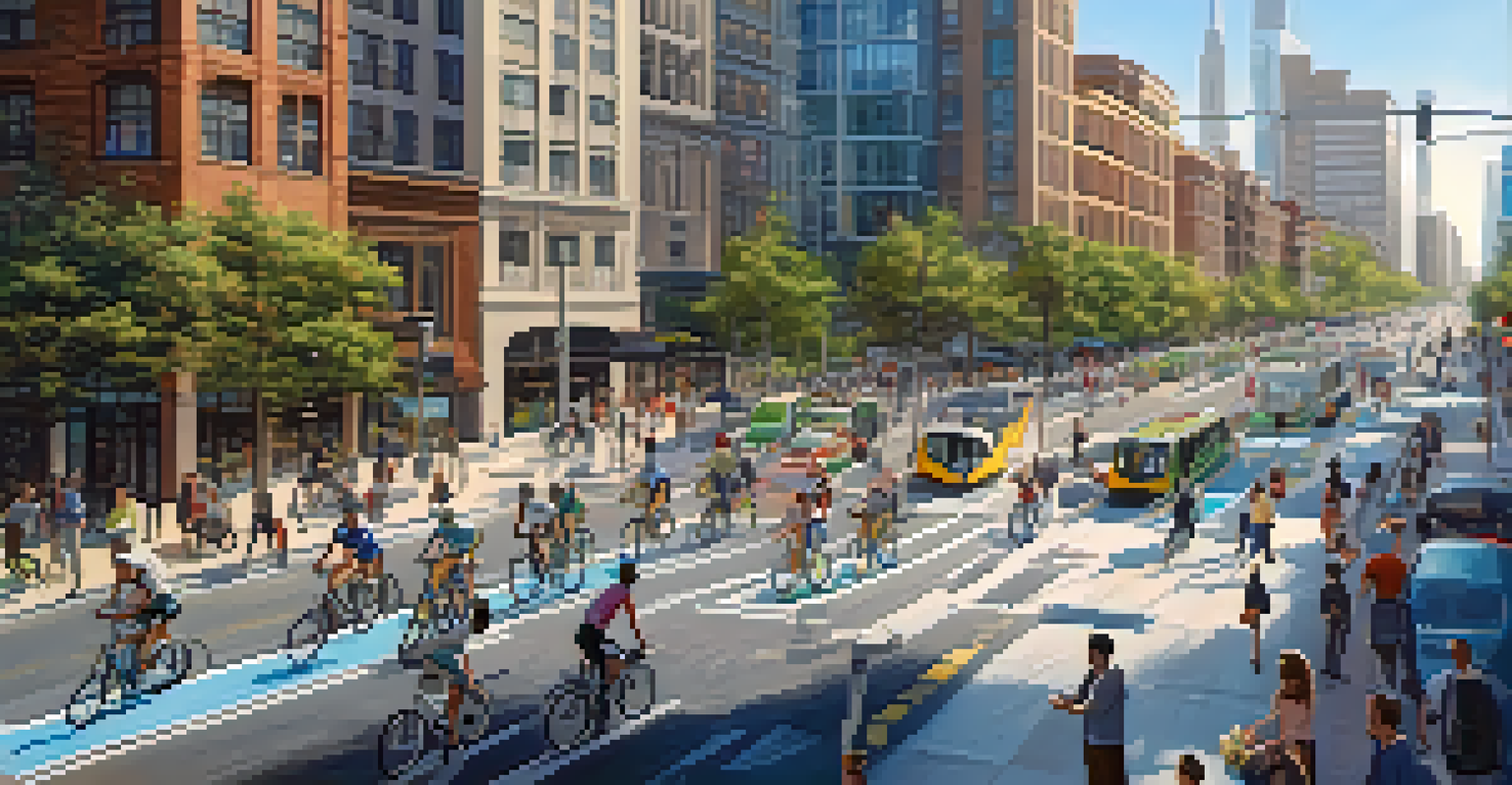 An aerial shot of a city showing bike-sharing stations, bike lanes, and various modes of transportation, illustrating urban mobility.