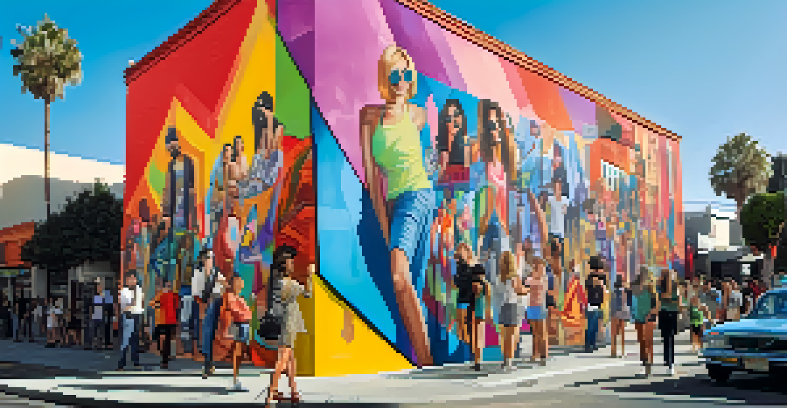 Colorful street art mural on Melrose Avenue with people posing for photos.