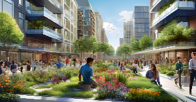 An urban area with green spaces and community gardening.