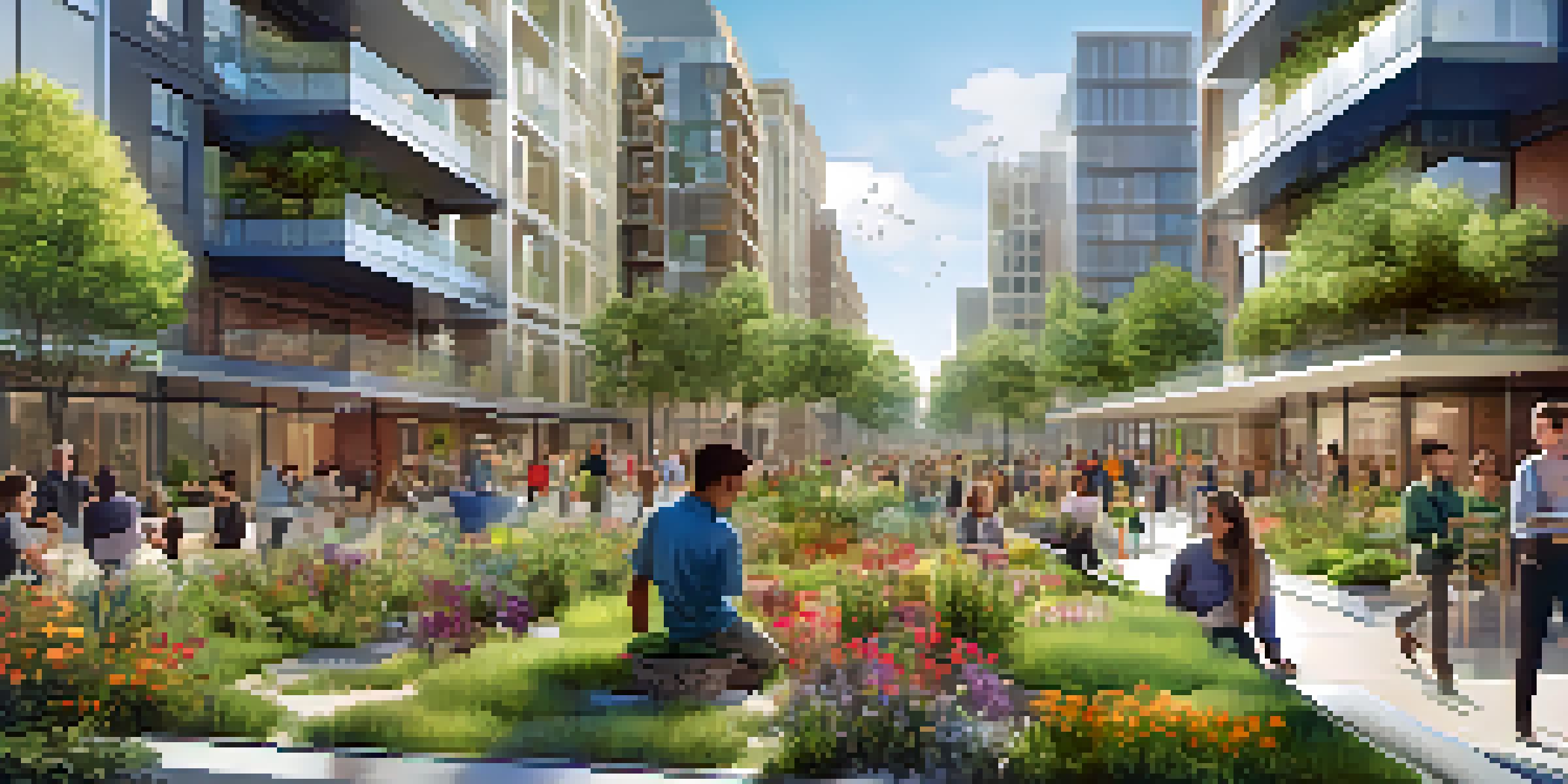 An urban area with green spaces and community gardening.