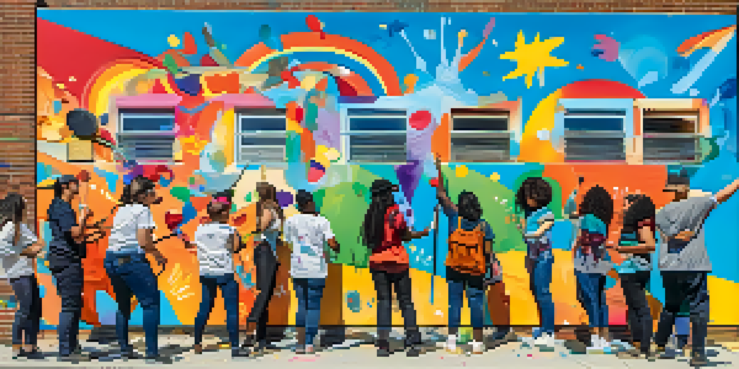 A group of young artists collaborates on a colorful community mural, surrounded by bright designs that symbolize diversity and empowerment.