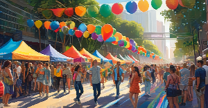 A lively street scene at an LGBTQ+ festival in Los Angeles, with diverse participants celebrating under colorful decorations and sunlight.