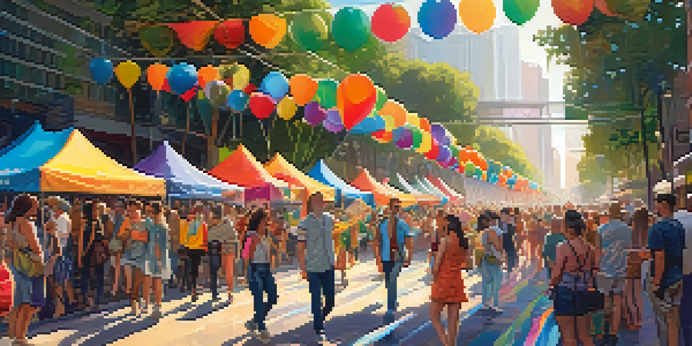 A lively street scene at an LGBTQ+ festival in Los Angeles, with diverse participants celebrating under colorful decorations and sunlight.