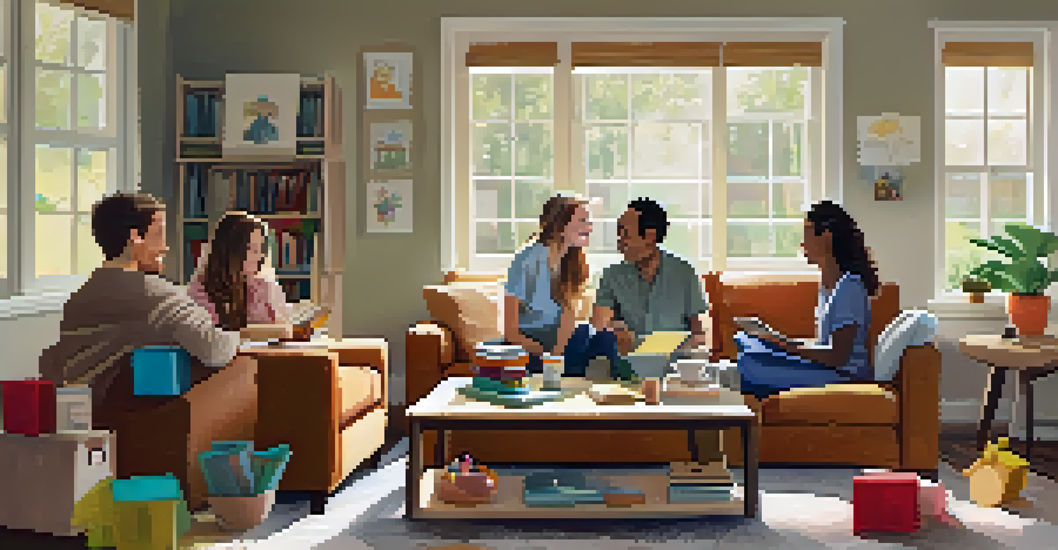 Parents discussing childcare co-op arrangements in a cozy living room.